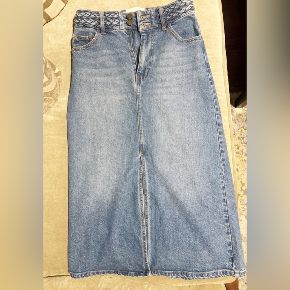 Habitual Denim Midi Skirt with Braided Waistband - Light Blue size 0/25